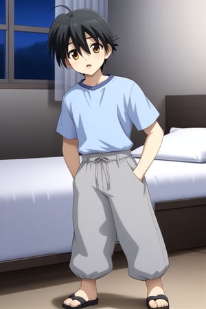 HD, 8k, highres, mantialiasing, Highly detailed, High Quality, masterpiece, beautiful, source_anime, 
BREAK 1boy, solo, young male, Makoto Itou, black hair, hair between eyes, brown eyes, 
BREAK pants, sandals, light blue shirt, hands in pockets, grey pants
BREAK inside bedroom, Windows, Night,
BREAK looking at viewer, (Focus waist:1.5), on front, full_body, Open mouth, from_front_position, voyeur,