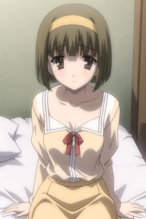  Simple backgrounds, bedroom, looking_at_viewer, sitting in bed,
BREAK KazuhaNijouFutabaNijou, bangs, brown hair, brown eyes, small hair,
BREAK  (yellow hairband), (green blouse), (neckline:1.2), (yellow skirt), (medium breast), schooldays, 