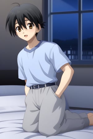 HD, 8k, highres, mantialiasing, Highly detailed, High Quality, masterpiece, beautiful, source_anime, 
BREAK 1boy, solo, young male, Makoto Itou, black hair, hair between eyes, brown eyes, 
BREAK light blue shirt, hands in pockets, grey pants,
BREAK inside bedroom, Windows, Night,
BREAK looking at viewer, (Focus waist:1.5), on front, full_body, Open mouth, from_front_position, voyeur,