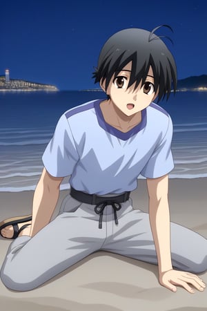 HD, 8k, highres, mantialiasing, Highly detailed, High Quality, masterpiece, beautiful, source_anime, 
BREAK 1boy, solo, young male, Makoto Itou, black hair, hair between eyes, brown eyes, 
BREAK light blue shirt, grey pants, sandals,
BREAK inside beach, oceanic, Night,
BREAK looking at viewer, (Focus waist:1.5), on front, full_body, Open mouth, from_front_position, voyeur, sitting, 