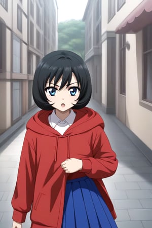 HD, 8k, highres, mantialiasing, Highly detailed, High Quality, masterpiece, beautiful, source_anime, 
BREAK 1girl, solo, (young woman, 16 years old), Uzuki Li, short hair, blue eyes, serious look, Open mouth,
BREAK hoodie, skirt, red hoodie, long skirt, blue skirt, thighhgihs,
BREAK looking at viewer,  focus face, front_view, 