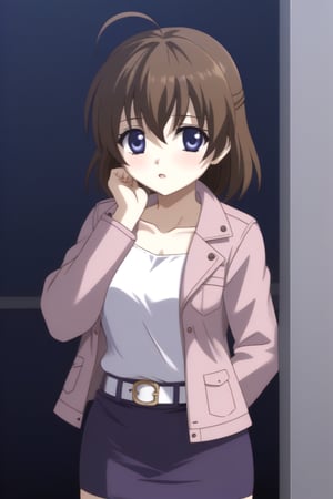 HD, 8k, highres, mantialiasing, Highly detailed, High Quality, masterpiece, beautiful, source_anime, 
BREAK 1Girl, young woman, 16 years old, Sekai Saionji, brown hair, blue eyes, ahoge, short hair, 
BREAK pink jacket, Open jacket, (white mini blouse:1.2), belt, navel,  dress skirt, (purple pencil skirt), collarbone, 
BREAK insiste bedroom, Windows, dark environment,
BREAK looking at viewer, Focus waist, 