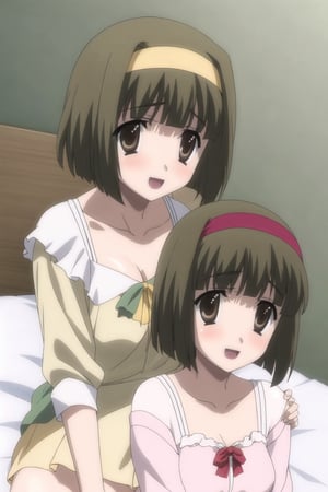  Simple backgrounds, bedroom, 
BREAK KazuhaNijouFutabaNijou, bangs, brown hair, brown eyes, small hair, 
BREAK  (yellow hairband), (green blouse:1.5), (neckline:1.2), long sleeves, yellow skirt, (medium breast), 
BREAK looking_at_viewer, (lying in bed), :d,  mouth_open, Focus waist, schooldays,