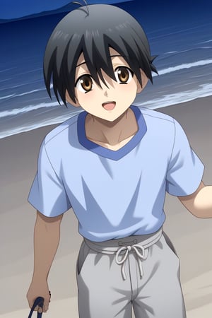 HD, 8k, highres, mantialiasing, Highly detailed, High Quality, masterpiece, beautiful, source_anime, 
BREAK 1boy, solo, young male, Makoto Itou, black hair, hair between eyes, brown eyes, 
BREAK light blue shirt, grey pants, sandals,
BREAK inside beach, oceanic, Night,
BREAK looking at viewer, (Focus waist:1.5), on front, Open mouth, from_front_position, voyeur, cowboy_shot, dutch_angle,standing