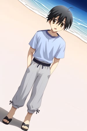 HD, 8k, highres, mantialiasing, Highly detailed, High Quality, masterpiece, beautiful, source_anime, 
BREAK 1boy, solo, young male, Makoto Itou, black hair, hair between eyes, brown eyes, 
BREAK light blue shirt, grey pants, sandals,
BREAK inside beach, oceanic, Night,
BREAK looking at viewer, (Focus waist:1.5), on front, Open mouth, from_front_position, voyeur, cowboy_shot, dutch_angle,standing