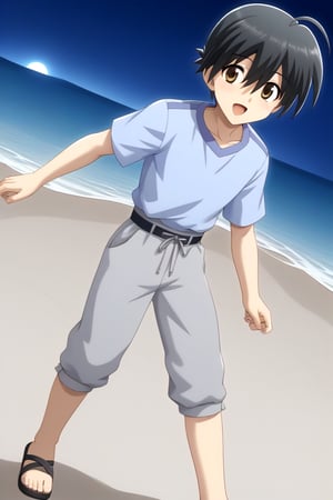 HD, 8k, highres, mantialiasing, Highly detailed, High Quality, masterpiece, beautiful, source_anime, 
BREAK 1boy, solo, young male, Makoto Itou, black hair, hair between eyes, brown eyes, 
BREAK light blue shirt, grey pants, sandals,
BREAK inside beach, oceanic, Night,
BREAK looking at viewer, (Focus waist:1.5), on front, Open mouth, from_front_position, voyeur, cowboy_shot, dutch_angle,