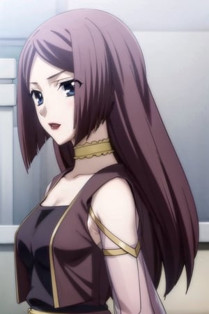 HD, 8k, highres, mantialiasing, Highly detailed, High Quality, masterpiece, beautiful, source_anime, 
BREAK 1girl, (solo:1.5), (mature woman), (30 old), Mrs Kitsuregawa, long hair, purple hair, blue eyes, choker, lipstick, gray sleeves, collarbone, dress, long sleeves, covered shoulders, purple vest, belt, see-through, 
BREAK white background,
BREAK looking_back, standing, from front, upper body, back view, 