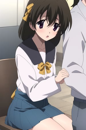 Highly detailed, High Quality, Masterpiece, beautiful,
BREAK 1girl, female solo, (young_female), (16 old), sekai saionji, brown hair, Brown eyes, ahoge, (open_mouth, :o),
BREAK (haruhi_srf), (white long sleeves shirt and blue collar, blue skirt, yellow ribbon:1.5), detailed fingers, 5 fingers,
BREAK (Focus waist:1.5), looking_at_viewer, schooldays, (sitting_down),