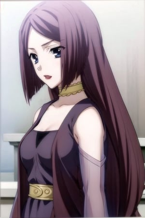 HD, 8k, highres, mantialiasing, Highly detailed, High Quality, masterpiece, beautiful, source_anime, 
BREAK 1girl, (solo:1.5), (mature woman), (30 old), Mrs Kitsuregawa, long hair, purple hair, blue eyes, choker, lipstick, gray sleeves, collarbone, dress, long sleeves, ((covered shoulders:1.5)), purple vest, belt, see-through, 
BREAK white background,
BREAK looking_back, standing, from front, upper body, side view, 