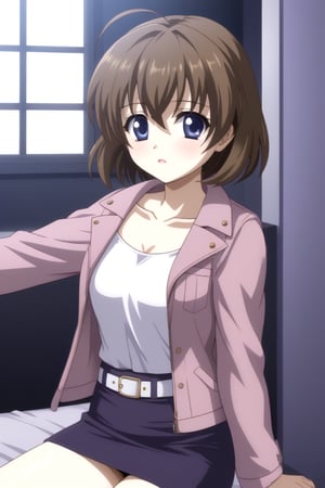 HD, 8k, highres, mantialiasing, Highly detailed, High Quality, masterpiece, beautiful, source_anime, 
BREAK 1Girl, young woman, 16 years old, Sekai Saionji, brown hair, blue eyes, ahoge, short hair, 
BREAK pink jacket, Open jacket, (white mini blouse:1.2), belt, navel,  dress skirt, (purple pencil skirt), collarbone, 
BREAK insiste bedroom, Windows, dark environment,
BREAK looking at viewer, Focus waist, 