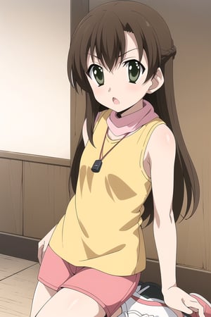 Highly detailed, High Quality, Masterpiece, beautiful,
BREAK 1girl, solo, (female child), (10 old), (Kyoumi Kasannoin:1.5), (green eyes, brown hair, long hair:1.5), 
BREAK  HikariDigi, (yellow shirt:1.3), (pink Shorts:1.2), shoes, sleeveless, socks, scarf, red footwear, sneakers, dog tags, whistle, whistle around neck,
BREAK looking_at_viewer, (Focus breasts),  Open legs, upper_body, serious look, open_mouth,