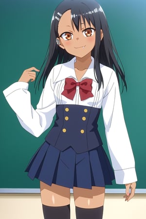 Highly detailed, High Quality, masterpiece, beautiful, 1girl, solo, hayase nagatoro, long hair, bangs, black hair, hair ornament, brown eyes, hairclip, fang, dark skin, dark-skinned female, school uniform, shirt, shirt sleeves, long sleeves, white sleeves, bow, pleated skirt, waist-length skirt, thighhighs, black thighhighs, zettai ryouiki, front_view, 