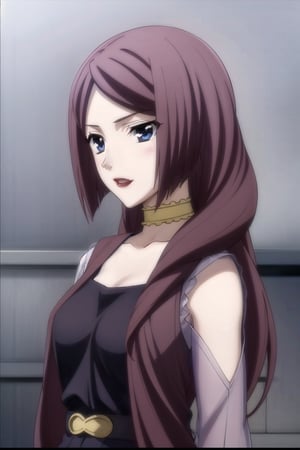 HD, 8k, highres, mantialiasing, Highly detailed, High Quality, masterpiece, beautiful, source_anime, 
BREAK 1girl, (solo:1.5), (mature woman), (30 old), Mrs Kitsuregawa, long hair, purple hair, blue eyes, choker, lipstick, gray sleeves, collarbone, dress, long sleeves, covered shoulders, purple vest, belt,
BREAK white background,
BREAK looking_back, standing, from front, upper body, side view, 