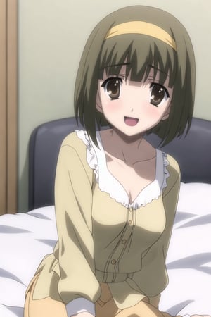  Simple backgrounds, bedroom, 
BREAK KazuhaNijouFutabaNijou, bangs, brown hair, brown eyes, small hair, 
BREAK  (yellow hairband), (green blouse:1.5), (neckline:1.2), long sleeves, yellow skirt, (medium breast), 
BREAK looking_at_viewer, sitting in bed, :d,  mouth_open, Focus down, schooldays,