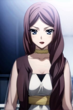 HD, 8k, highres, mantialiasing, Highly detailed, High Quality, masterpiece, beautiful, source_anime, 
BREAK 1girl, (solo:1.5), (mature woman), (30 old), Mrs Kitsuregawa, long hair, purple hair, blue eyes, choker, lipstick, gray sleeves, collarbone, dress, long sleeves, covered shoulders, purple vest, belt,
BREAK white background,
BREAK looking_back, standing, from front, upper body, back view, 