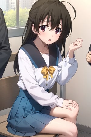 Highly detailed, High Quality, Masterpiece, beautiful,
BREAK 1girl, female solo, (young_female), (16 old), sekai saionji, brown hair, Brown eyes, ahoge, (open_mouth, :o),
BREAK (haruhi_srf), (white long sleeves shirt and blue collar, blue skirt, yellow ribbon:1.5), detailed fingers, 5 fingers,
BREAK (Focus waist:1.5), looking_at_viewer, schooldays, (sitting_down),