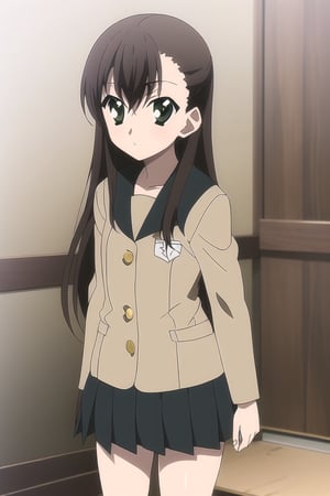 Kyoumi Kasannoin, school uniform, green eyes, brown hair, long hair, skirt, asymmetrical bangs, socks, pleated skirt, 