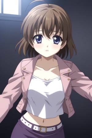 HD, 8k, highres, mantialiasing, Highly detailed, High Quality, masterpiece, beautiful, source_anime, 
BREAK 1Girl, young woman, 16 years old, Sekai Saionji, brown hair, blue eyes, ahoge, short hair, 
BREAK pink jacket, Open jacket, (white mini blouse:1.2), belt, exposed navel,  dress skirt, (purple pencil skirt), collarbone, 
BREAK insiste bedroom, Windows, dark environment,
BREAK looking at viewer, Focus waist, 