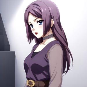 HD, 8k, highres, mantialiasing, Highly detailed, High Quality, masterpiece, beautiful, source_anime, 
BREAK 1girl, (solo:1.5), (mature woman), (30 old), Mrs Kitsuregawa, long hair, purple hair, blue eyes, choker, lipstick, gray sleeves, collarbone, dress, long sleeves, purple vest, belt, see-through, 
BREAK white background,
BREAK looking_back, standing, from front, upper body, side view, 