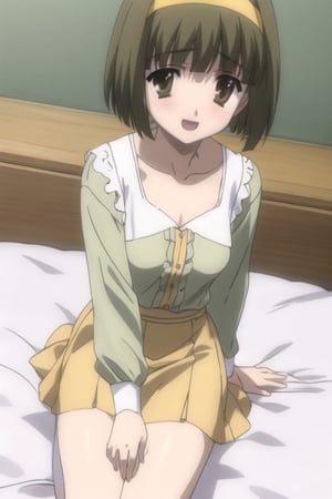  Simple backgrounds, bedroom, 
BREAK KazuhaNijouFutabaNijou, bangs, brown hair, brown eyes, small hair, 
BREAK  (yellow hairband), (green blouse:1.5), (neckline:1.2), long sleeves, yellow skirt, (medium breast), 
BREAK looking_at_viewer, sitting in bed, :d,  mouth_open, Focus down, schooldays,