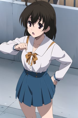 Highly detailed, High Quality, Masterpiece, beautiful,
BREAK 1girl, female solo, (young_female), (16 old), sekai saionji, brown hair, Brown eyes, ahoge, (open_mouth, :o),
BREAK (haruhi_srf), (white long sleeves shirt and blue collar, blue skirt, yellow ribbon:1.5), detailed fingers, 5 fingers,
BREAK (Focus waist), looking_at_viewer, schooldays, standing, 