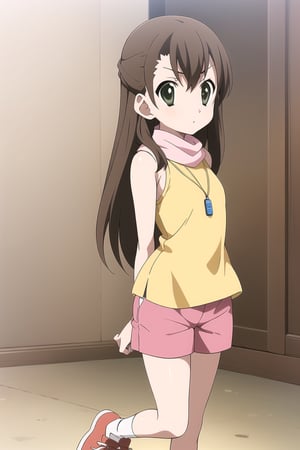 Highly detailed, High Quality, Masterpiece, beautiful,
BREAK 1girl, solo, (female child), (10 old), (Kyoumi Kasannoin:1.5), (green eyes, brown hair, long hair:1.5), 
BREAK  HikariDigi, (yellow shirt:1.3), (pink Shorts:1.2), shoes, sleeveless, socks, scarf, red footwear, sneakers, dog tags, whistle, whistle around neck,
BREAK looking_at_viewer, (Focus breasts),  Open legs, upper_body, serious look,