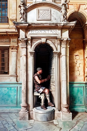 

A Roman public toilets where men are sitting 