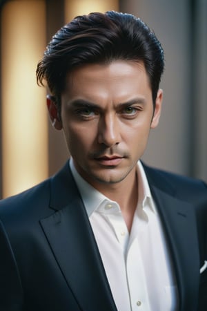 a man 40 y.o, award winning photo, dark hair, hair combed back, looking around, fashionable clothes, ((masterpiece)), detailed face, detailed (dark eyes), color photograph, (sharp focus:1.2), dynamic pose, extremely detailed, intricate, dramatic lighting, moody and melancholic atmosphere, sony a7 IV film stock photograph 4 kodak portra 400 camera f1.6 lens rich colors hyper realistic lifelike texture, best quality dramatic lighting cinestill 800, deep shadow, photo, Highly detailed, wide angle lens, depth of field, bokeh, 4K, HDR, absurdres, hyperrealistic, photorealistic