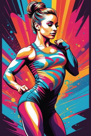 pop art colored illustration of a gymnast,standing, jen bartel, multicolored , vby Bencho Obreshkov, art of alessandro pautasso, female gymnastic , slim body,colorful illustration,T shirt design,TshirtDesignAF