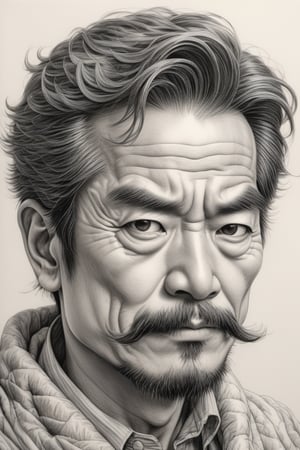 Japanese comics 30 years old man,character sketch,pencil）,intricately details,finely detailled,Hyper-detailing,Caricature,pencil sketch,saguplo