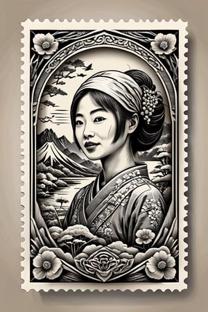 stamp frame,monochrome,sephia,3d, stamped embossed, fillagree, realistic, pretty, close-up,lovely,landscap art retro,Japanese woman, old vintage stamp, ink punk,dinamic,ink art , comic book, cartoon,colors, sketch, tiny detailed, masterpiece, artstation trends, sharp focus, ,bold high quality, intricate details,vector style for t-shirt,ultra detailed, high resolution,chan-wong,more detail XL