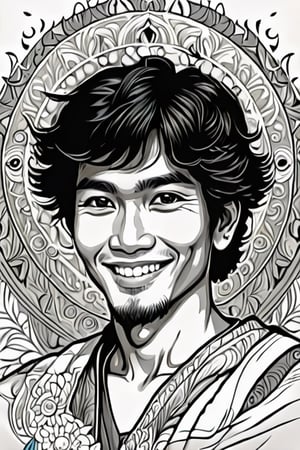 centered, uncropped,colouring book, Indonesia man 55 years, black eyes,close up portrait, dark hair,Silhouette drawing of a smile man from the front, centered,intricate details,high resolution,4k, illustration style,Leonardo Style,OverallDetail, fantasy novel illustration sketch, DaVinci,Coloring Book,ColoringBookAF,wong-iyas