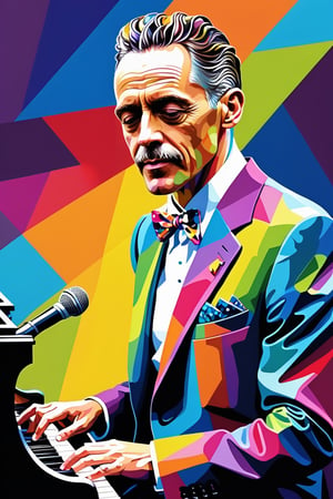 Jazz Night, painting of a man playing a piano in a colorful suit,  energetic jazz piano portrait, wpap, colourful movie art, extremely high quality artwork, by Bencho Obreshkov, portrait of jordan peterson, art of alessandro pautasso, inspired by Vincent Lefevre, james gurney painting style, by Arik Brauer abstract vector fractal, wave function, Zentangle, 3d shading