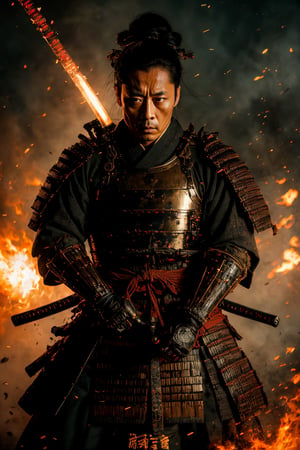 Physical rendering, portraits, ultra-fine paintings, extremely detailed descriptions, Akira Kurosawa's movie-style posters, and full-body shots of a 48-year-old man embody the samurai spirit of Japan's Warring States Period, with a mysterious female warrior wearing armor and waving a sparkling Seemingly bursting with wordless power, this striking depiction of the Katana Samurai depicts a ferocious and formidable male warrior in battle. The image demonstrates the intensity of the warrior man's gaze and the intricate craftsmanship of the armor. Each intricately detailed depiction mesmerizes the viewer, immersing them in the extraordinary skill and artistry captured in this extraordinary piece, surreal, Vincent van Gogh style, FW Murano style, GALAXY full body armor , black smoke column, 135mm, detailed key vision, dark atmospheric effects, highly realistic epic ultra-wide-angle lens,wong-meiku,papat