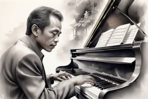 fineliner pen and ink wash drawing ofa close up of a Indonesia man playing a Piano, looking at the viewer focus ,Karl Kopinski, fantasy, highly detailed, Vlop and Krenz Cushart, ,wongapril