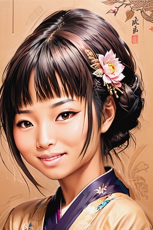 Black and brown drawing of an Japanese woman, sly smile from under forehead, on kraft paper, Karl Kopinski, fantasy, highly detailed, Vlop and Krenz Cushart, ornate detailing, Jean-Sebastian Rossbach, James Gene,CEO,more detail XL,face,wong-chan