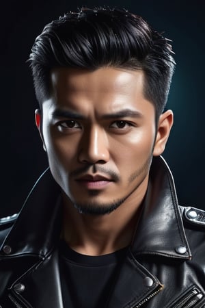 portrait of musician, 30 years old, stunning realistic, 3d render, octane render, intricately detailed, cinematic, hyper realistic cover photo awesome full color, realistic 12k, intricate. high definition, cinematic, black fade background, half body visible, leather jacket, Indonesia style,wong-terminator