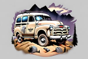 logo t-shirt design,  fantasy art,  1952 GMC Suburban Cary all,  lamp on,  extreme off-road expedition,  natural landscape,  front perspective view,  low angle view,TshirtDesignAF