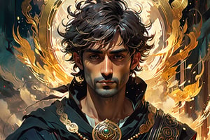 centered object, llustration of a handsome Indoensian guy close up portrait, majestic, in like of mark strong, dark mage, made from dark smoke and magic, image by dorss.wlop, arthur rackham, and ismail inceoglu and bagshaw and artgerm, high dynamic, rim light, intricate, gold dust, portrait, beautifully lit, ethereal, bleak, art by guweiz and wlop and ilya kuvshinov and atey ghailan and artgerm and makoto shinkai and studio ghibli,align right,dewong5,dewong