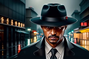impactful paint of a  a detective walks in the middle of a rainy night, with his hat off, staring intently at the camera, highly detailed, 8k, sharp, professional, clear, high contrast, high saturated, , vivid deep blacks, crystal clear,,wong-limo,WONGLIMO,Flat vector art