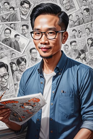 Indonesian comics 30 years old man,character sketch,pencil）,intricately details,finely detailled,Hyper-detailing,Caricature,Wong-Tigo,dewong,CEO