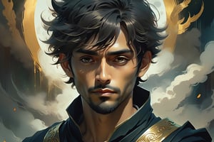 llustration of a handsome Indoensian guy close up portrait, majestic, in like of mark strong, dark mage, made from dark smoke and magic, image by dorss.wlop, arthur rackham, and ismail inceoglu and bagshaw and artgerm, high dynamic, rim light, intricate, gold dust, portrait, beautifully lit, ethereal, bleak, art by guweiz and wlop and ilya kuvshinov and atey ghailan and artgerm and makoto shinkai and studio ghibli,dewong5,dewong