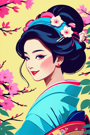 shadow flat vector art, masterpiece, 8k, highest quality, geisha, portrait, sweet smile, spring flowers, blue green and pink,DonML4zrP0pXL