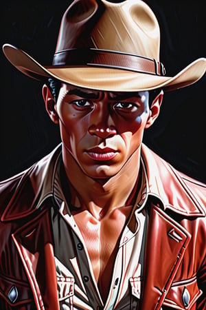 portrait upper body,cowboy hat style, 1940s 1950s, Red and brown, comic art, Realistic scenes, Romanticized Realism Dynamics, black eyes, brown skin,wong-iyas,hyper art extra real ,apex realistic XL,Wong-Tigo