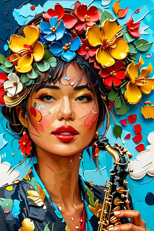 Perfect face, gouache, ink, line sketch, Fauvism style, painting of an asian woman with a saxophone and a cloud of confetti, side profile artwork, beautiful artwork, art of alessandro pautasso, saxophone, extremely high quality artwork, a beautiful artwork illustration, beautiful digital artwork, artistic illustration, beautiful painting of a tall, by Keith Mallett, stunning artwork, beautiful art, exquisite digital illustration, funk art, beautiful digital illustration,chan-wong,Dan Mumford, Andy Kehoe, Luis Royo. Vintage, flowers,  graceful features, delicate, exquisite workmanship,chan-wong head and shoulders portrait, 8k resolution concept art portrait by Greg Rutkowski, Artgerm, WLOP, Alphonse Mucha dynamic lighting hyperdetailed intricately detailed Splash art trending on Artstation triadic colors Unreal Engine 5 volumetric lighting