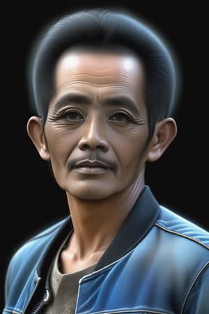 Create a hyper-realistic image of an Indoneisa man aged 58 with short black hair , close up,  Split light fell on his face. The character wears casual modern clothing such as a jeans jacket. The background of the image is black. Make the image intricately hyper-realistic and detailed,ebes,Masterpiece,