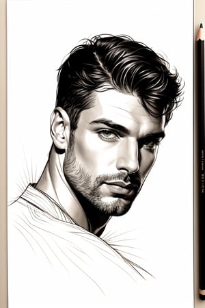 pencil Sketch of a masculineman 40 years old, dark short hair,  alluring, portrait by Charles Miano, ink drawing, illustrative art, soft lighting, detailed, more Flowing rhythm, gentleman, low contrast, add soft blur with thin line,  black eyes,