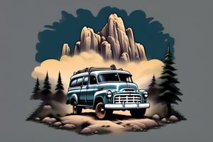 logo t-shirt design,  fantasy art,  1952 GMC Suburban Cary all,  lamp on,  extreme off-road expedition,  natural landscape,  front perspective view,  low angle view,TshirtDesignAF