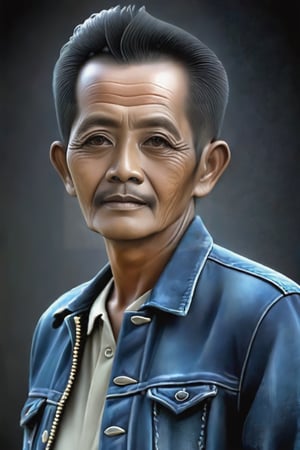 Create a realistic image of an Indoneisa man aged 62 with short black hair , close up,  The character wears casual modern clothing such as a jeans jacket. The background of the image is black.  hyper-realistic and detailed,ebes,Masterpiece,