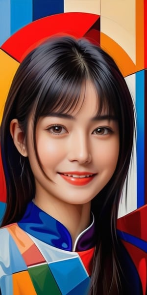 portrait of the face of a chinese young woman, oil painting, cubist style, colorful abstract background, mixed technique, hyperrealistic touch of color, very detailed, colorful and abstract, pictorial work of art, a lot of dynamics in the details, extremely detailed,Cubist artwork ,1 girl ,chan-wong